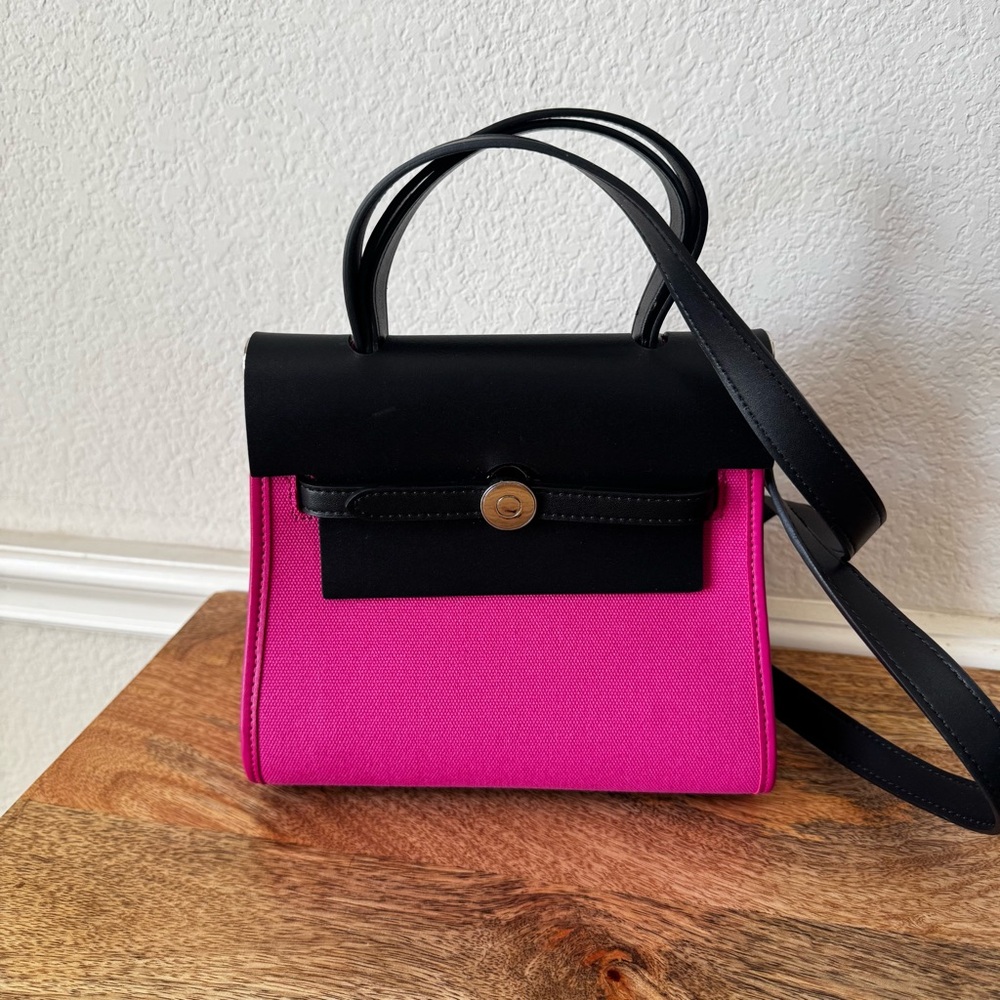 Hot Pink Black Colorblock Mini Canvas Textile Crossbody Bag Pocket Lock S2